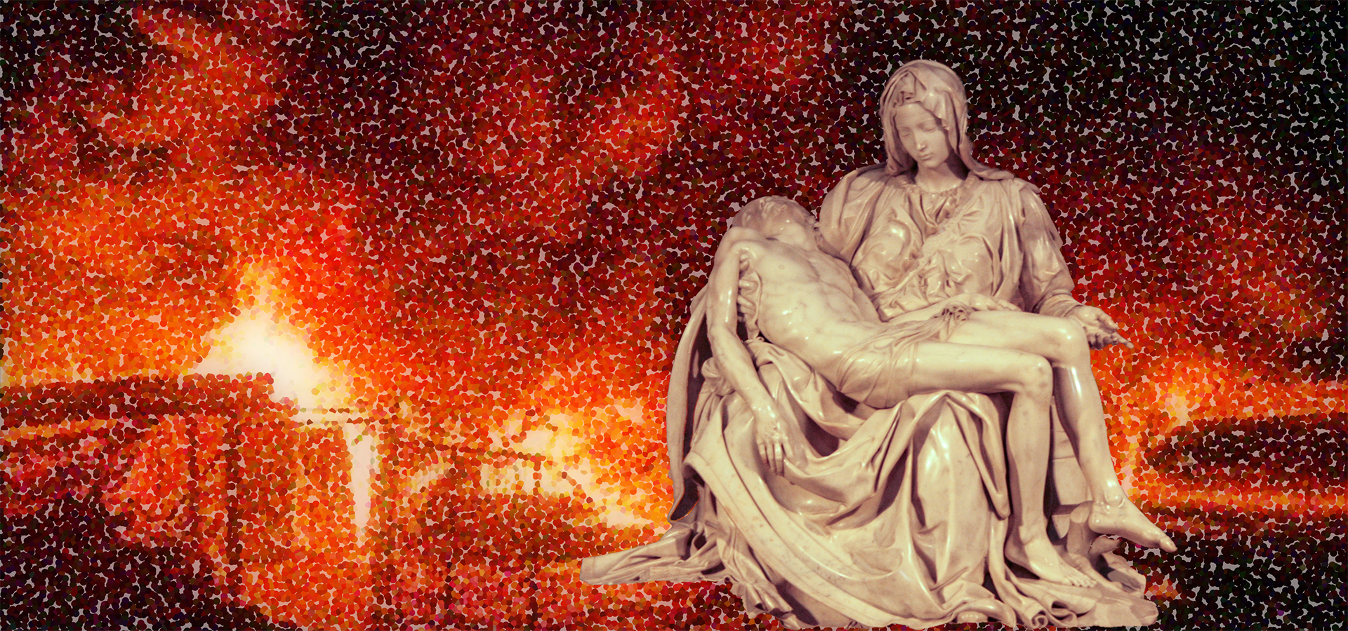 イスラエル軍の無差別攻撃により炎上するラファ。降架のイエスを抱く悲しみの母ピエタ像が炎に包まれた街の前で涙する。